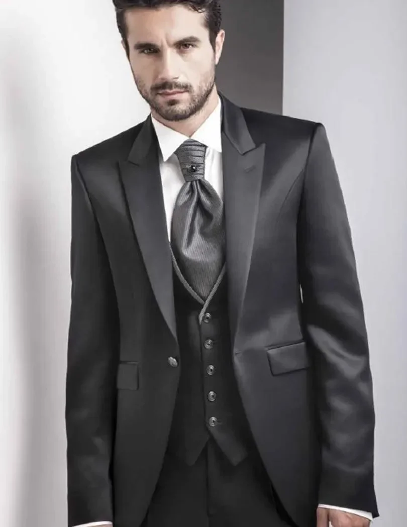 

2024 Black Satin Italian Men Suit Wedding Suits For Men Custom Classic Slim Fit Tuxedo 3 Piece Suits Groom Blazer Costume Homme