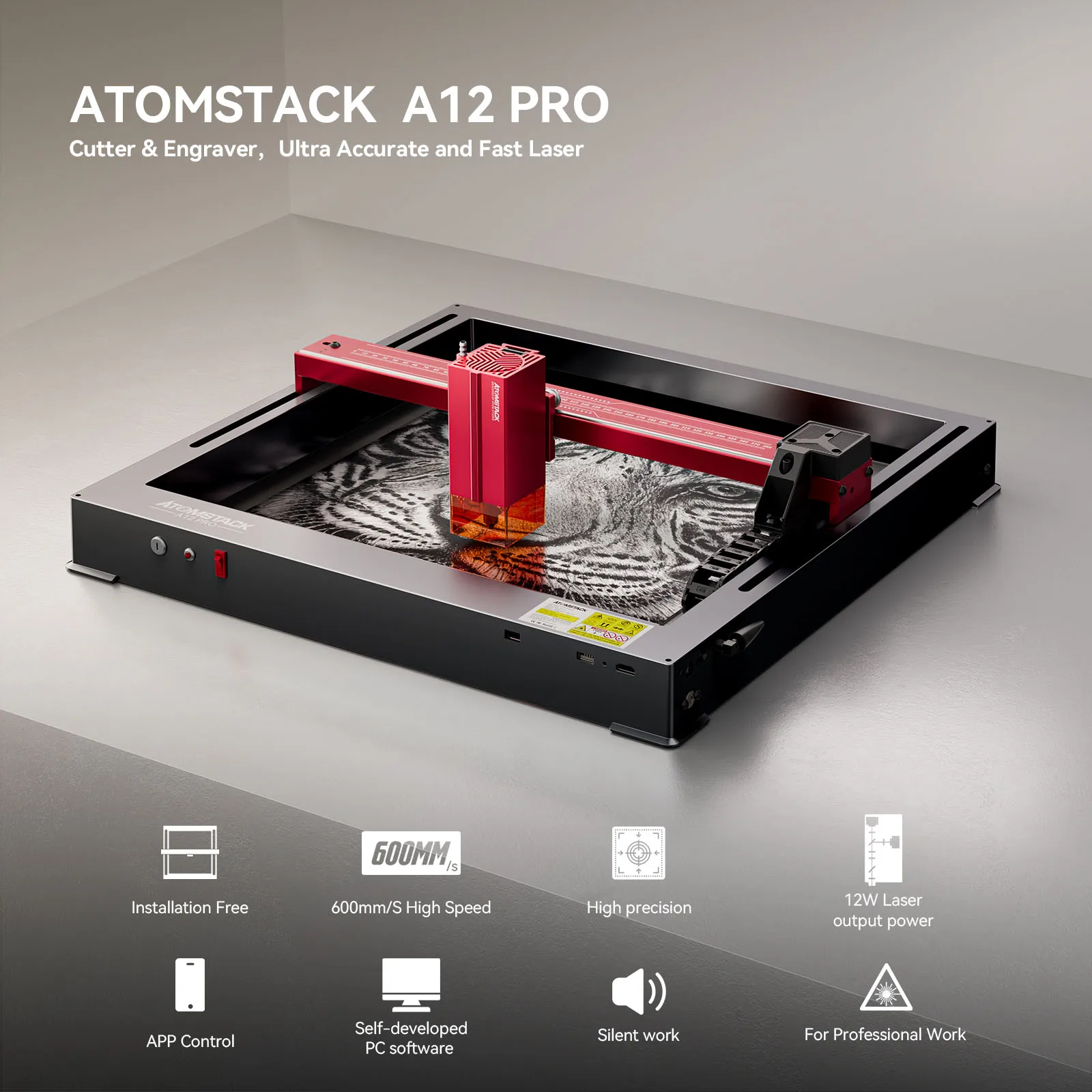 

ATOMSTACK A12 Pro Laser Engraving Machine 370x310mm Work Area 12W Optical Power CNC Laser Cutter and Engraver Installation-Free