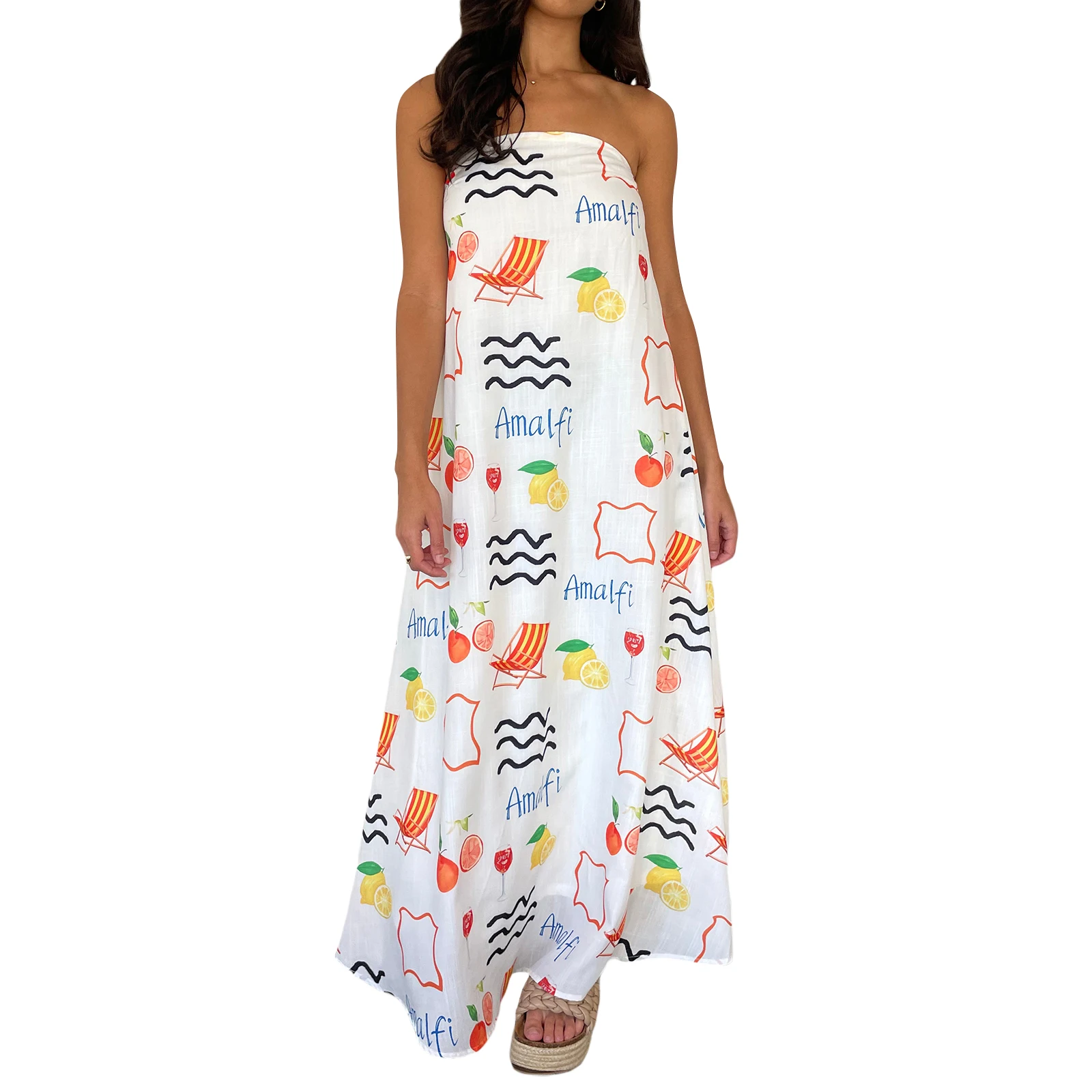 Women Strapless Tube Dress Summer Off Shoulder Backless Fruit Print Loose  Swing Long Dresses for Beach Vacation Streetwear Y2K - AliExpress 200000345