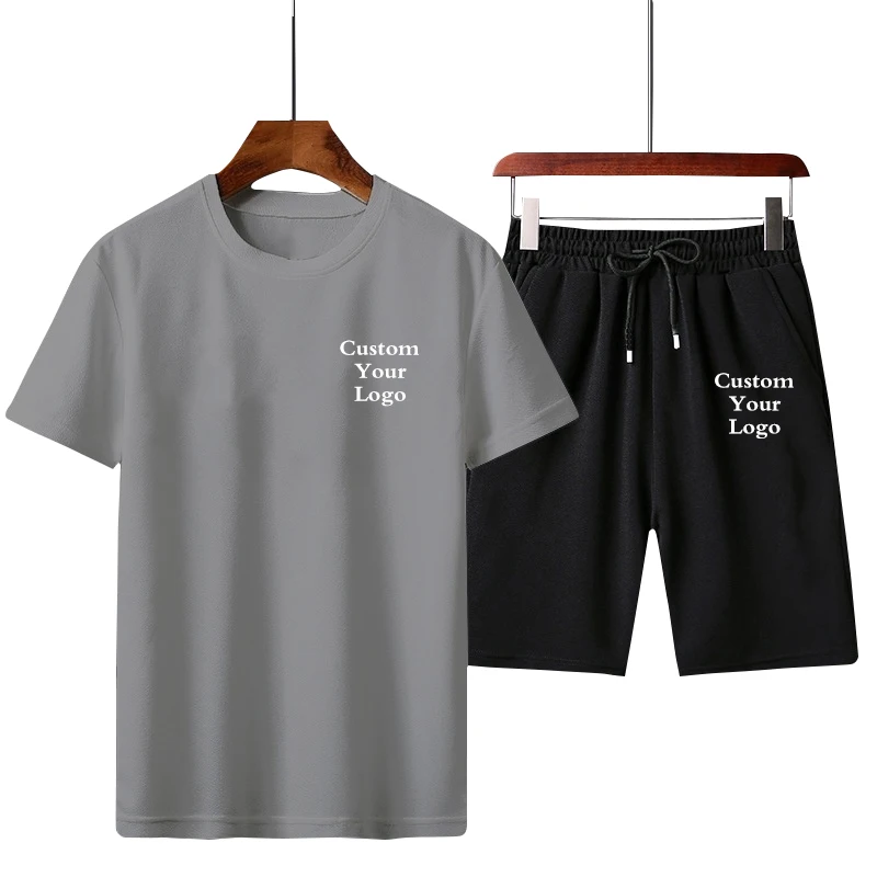 Men Custom Logo Sportswear Set Men's Summer Casual Set O-Neck Short Sleeve T-Shirt Drawstring Waist Shorts Activewear Set