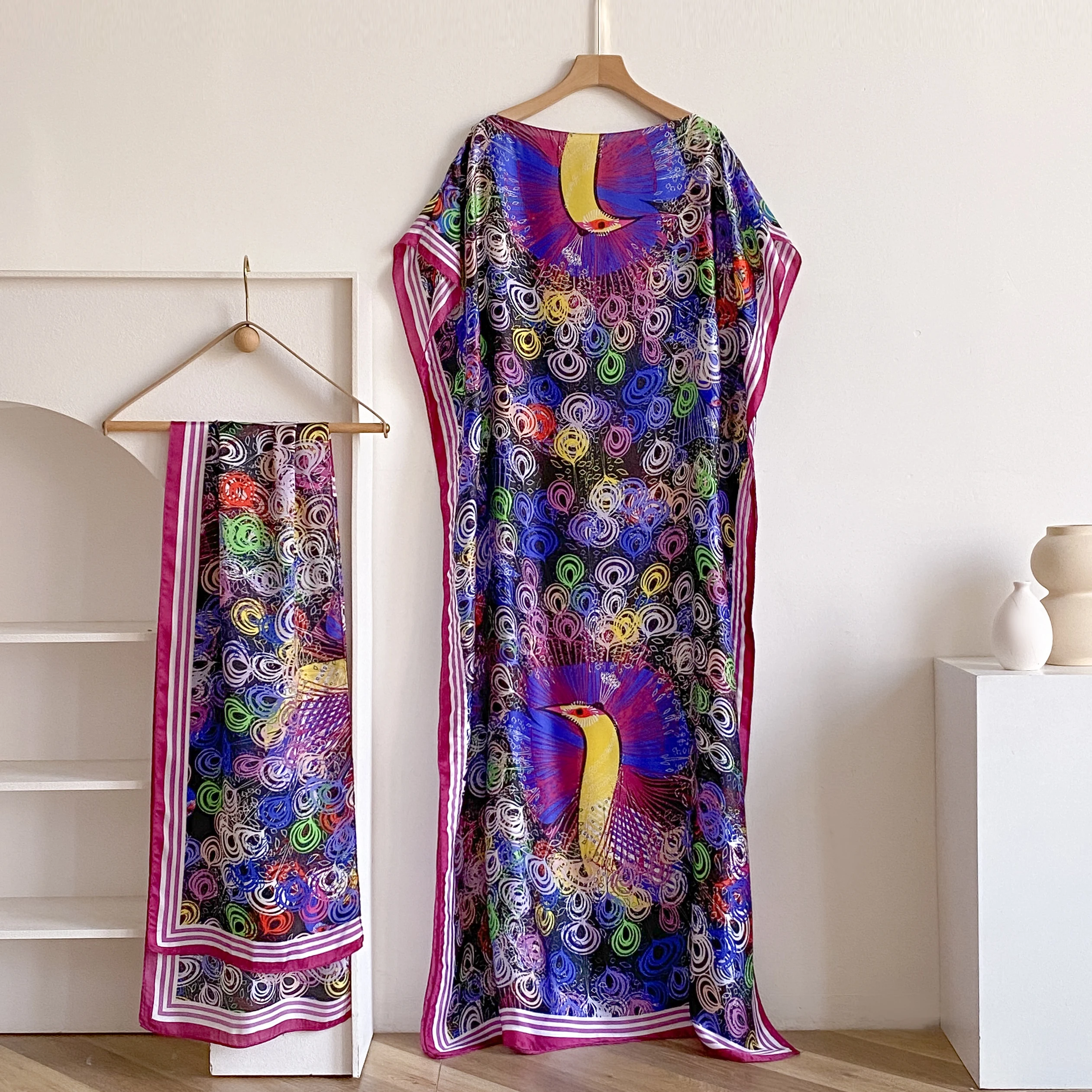 2025 Fashion Summer Dress With Big Scarf Dubai Turkey Kaftan Muslim Loose  Abaya Women African Casual Maxi Peacock Shawl Robe