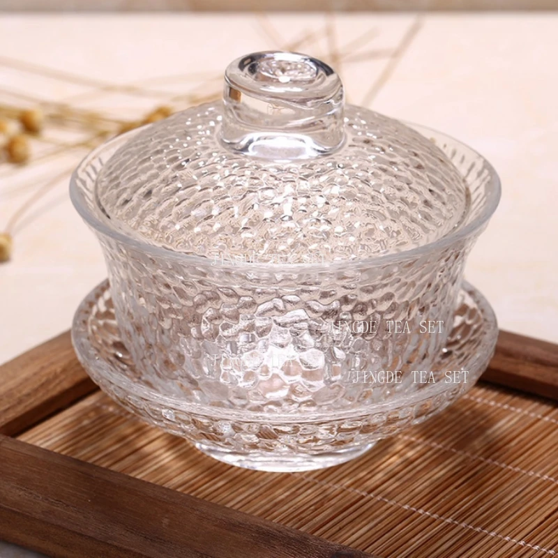 150ml Glass Covered Bowl Heat Resistant Hammer Patterned Transparent Crystal San Cai Tea Bowl Teacup Drinking Utensils