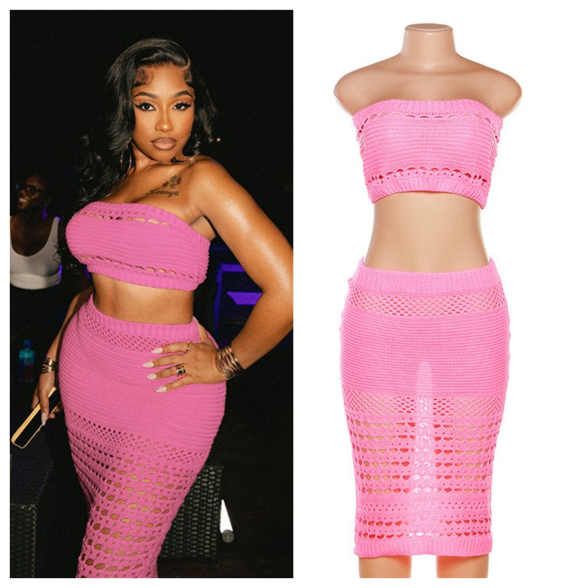 

Casual Women Knitted Two Piece Set Skirt Party Night Solid Color Slim Bodycon Tracksuit Clothes For Women Outfit