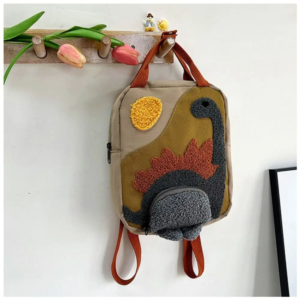 New Embroidery Sun Long Neck Small Dinosaur Backpack Hook Hair Embroidered Cartoon Canvas Kindergarten Children Backpack 1
