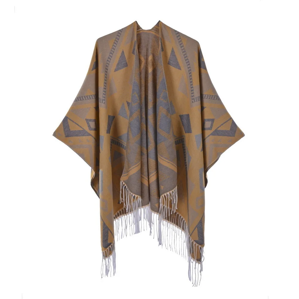 Autumn Winter Geometric Pattern Knitted Tassels Shawl  Women Warm Imitation Cashmere  Poncho Lady Capes Khaki Cloaks