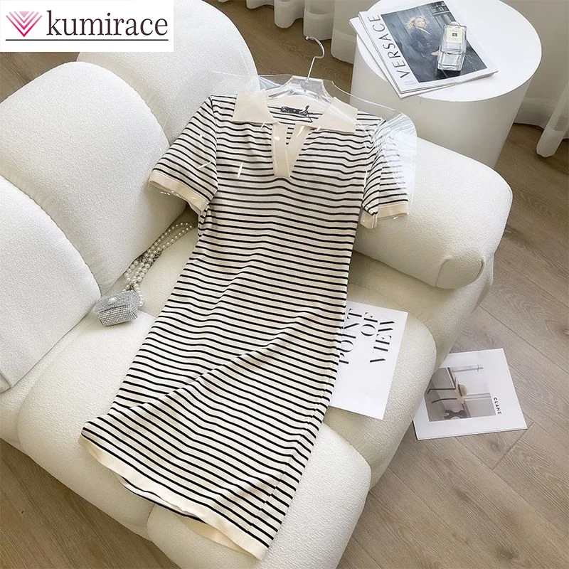 

Spring and Summer Korean Women's Slim Slim Polo Neck Short Sleeve Knitted Dress Ice Stripe Straight Tube T-shirt Casual Dress