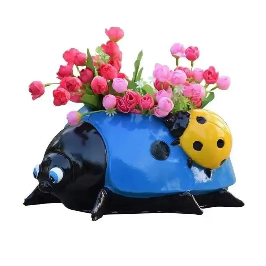 1 Pcs Outdoor Cartoon Animal Seven Star Ladybug Flower Pot Pottery Garden Decoration Landscape Sculpture Garden Ornament