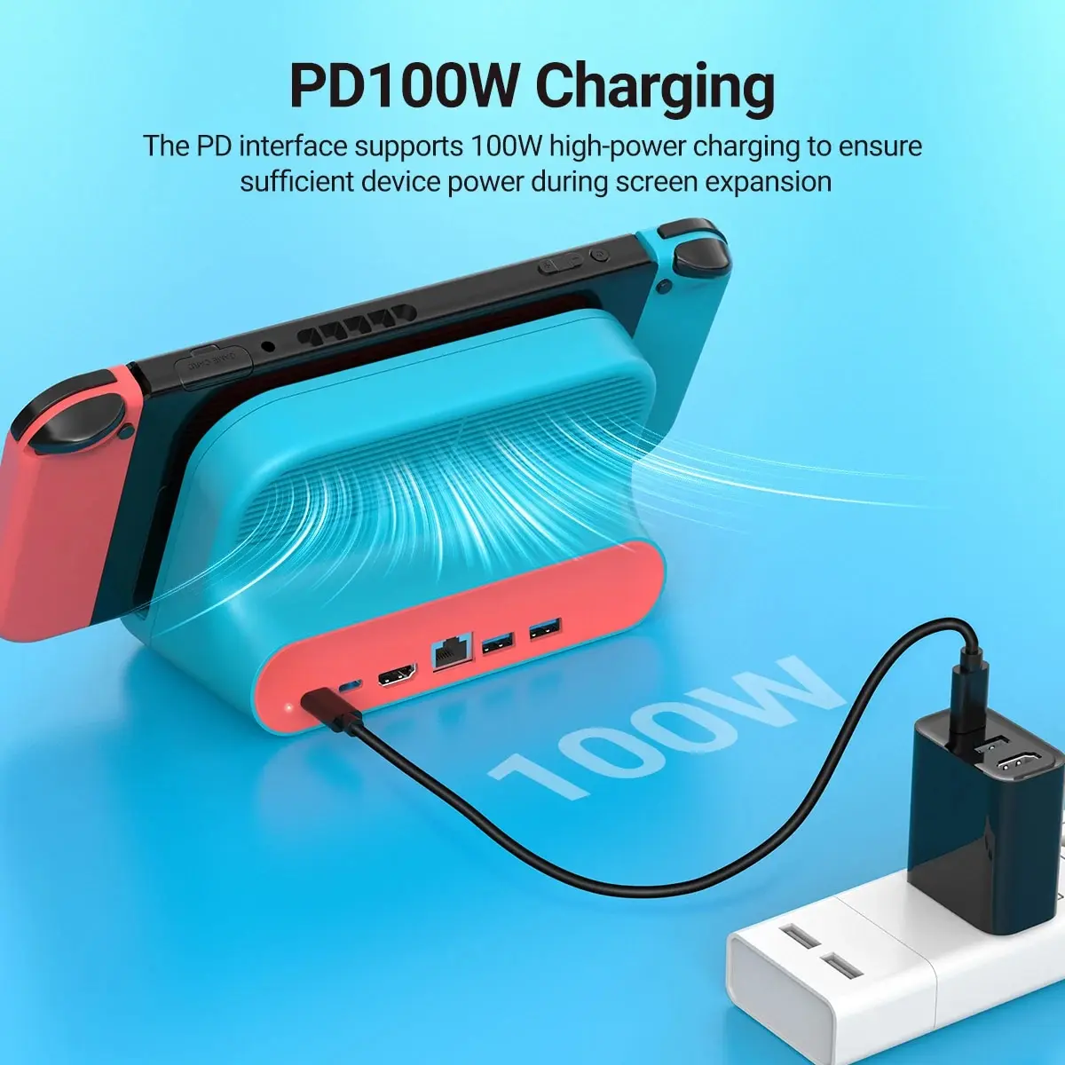 Switch TV Docking Station 6 in 1 USB-C Game Hub with HDMI2.0+USB2.0*2+RJ45 100M+PD 100W+Cooling Fan for Nintendo Switch/OLED Pad