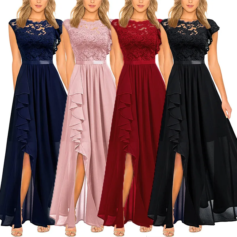 

Wedding Party Prom Evening Long Dress Chiffon And Lace Ruffles sleeve 2023 online celebrity Pink Bodycon Party Maxi Mesh dress