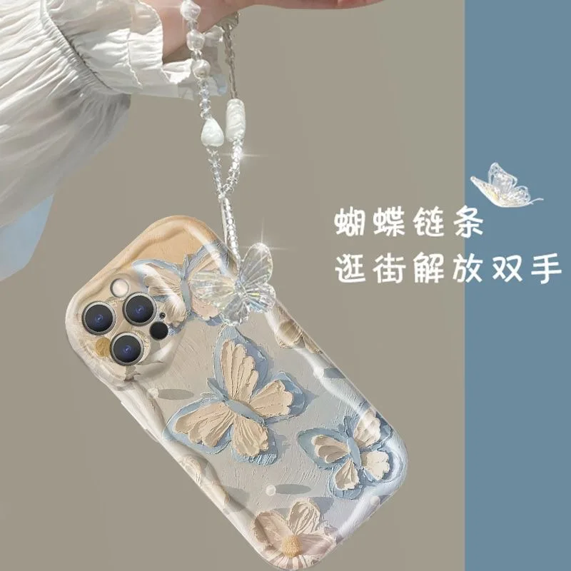 Elegant Butterfly Pattern Phone Case with Lanyard Attachment