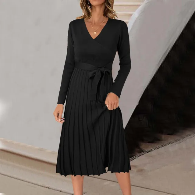 Women Wrap V Neck Sweater Dress Solid Color Long Sleeve Pleated Midi Dresses With Belt Autumn Ladies Pleated Dresses For Work 2