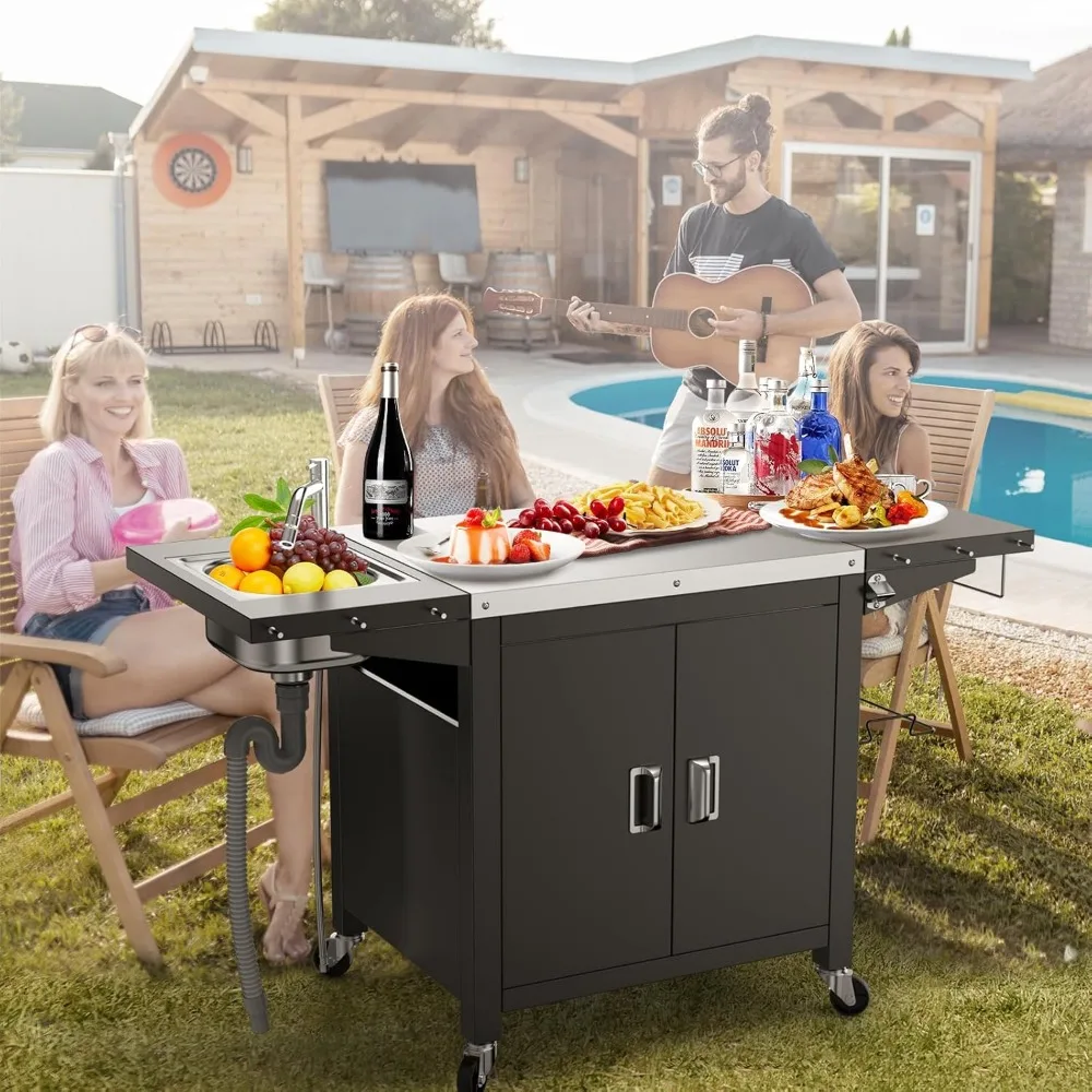 Grill Table with Sink, Modular Outdoor Kitchen Island with 100-Gallon Storage Cabinet, 304 Stainless Steel Top,L60” x W25” 6