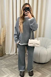 Stripe Knit Two Piece Set Women Casual Split O-neck Long Sleeve Sweater High Waist Pants Sets Female Loose Winter Lady Home Suit