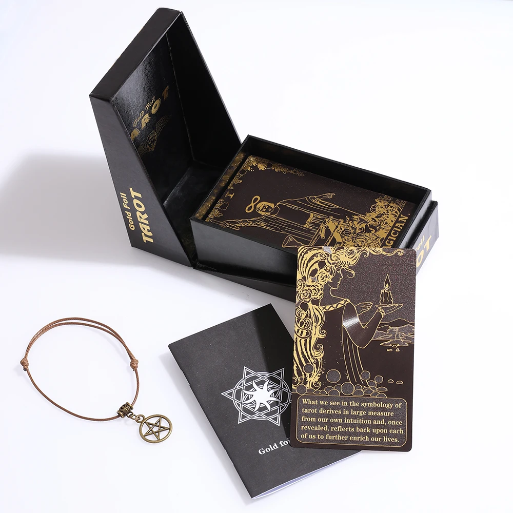 Mysterious  Golden Foil Tarot Black Flip Table Game Divination Waterproof and Wear-resistant Gift Box Luxury Instruction Manual new divination gold foil tarot blue sun moon table game waterproof and wear resistant gift box 80 pieces instruction manual