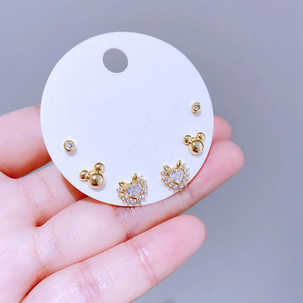 High End 3 Pairs Cubic Zircon Crystal Heart Stud Earrings Set Gold Plated Korean Style Women Gift Jewelry 5