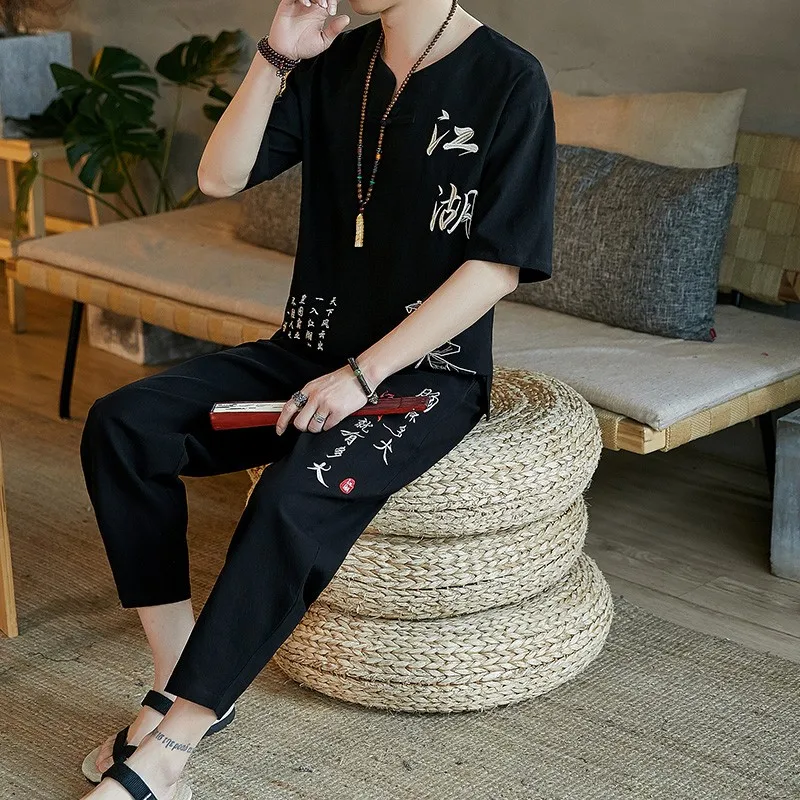 Summer Traditional Chinese Linen Tang Suit Men (Shirt + trousers) Cotton Linen Suit T Shirt Men Kungfu Clothes Tang tai chi clothing chinese men hanfu top