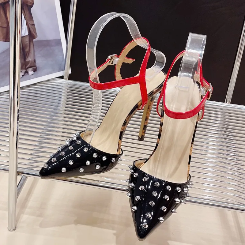 2024 Rivet Women Pointed Toe Pumps Ankle Buckle Strap Thin High Heels Shoes Sexy Design Banquet Prom Female Sandals