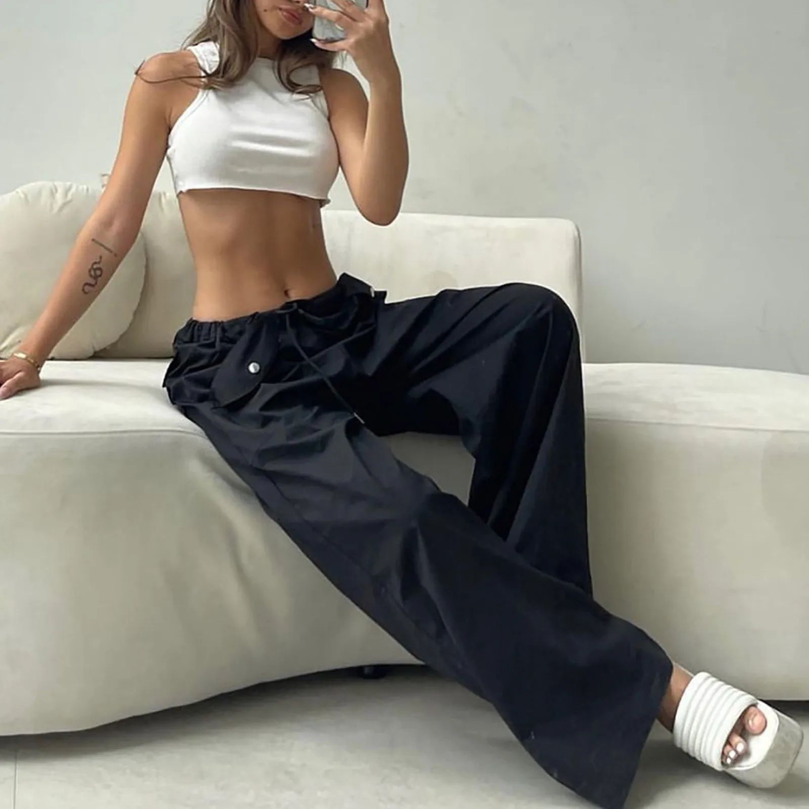 

Women Solid Joggers Tech Pants Low Waist Punk Hip Hop Baggy Trousers Streetwear Casual Drawstring Y2k Wide Leg Cargo Pants