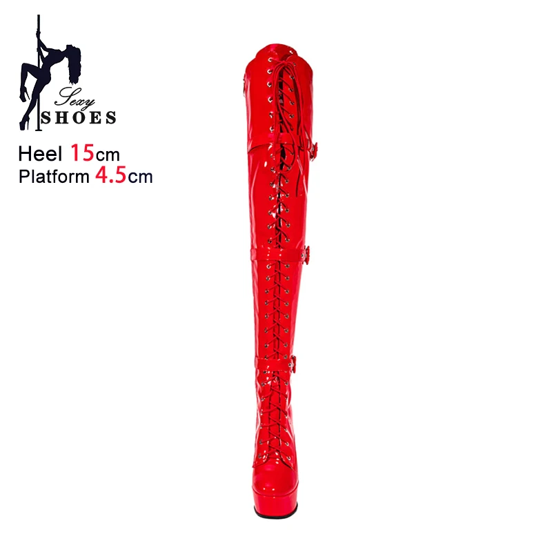 Nightclub Queen Sexy Pole Dance Boots 15CM Stiletto Heels Women Platform Large Size Shoes Club Buckle Strap OverKnee Thigh Boots
