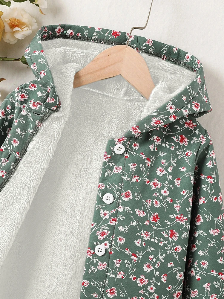 Girls floral warm button cardigan children's autumn and winter fleece hooded jacket girls winter coat