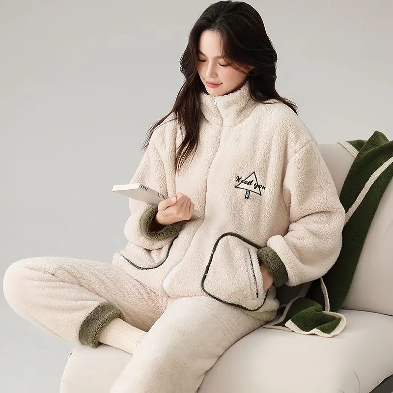 Pajamas Women Winter Flannel Warm Thickened Velvet Nightclothes Casual Zipper Stand Collar Plush Female Warm Homewear Suit 2024