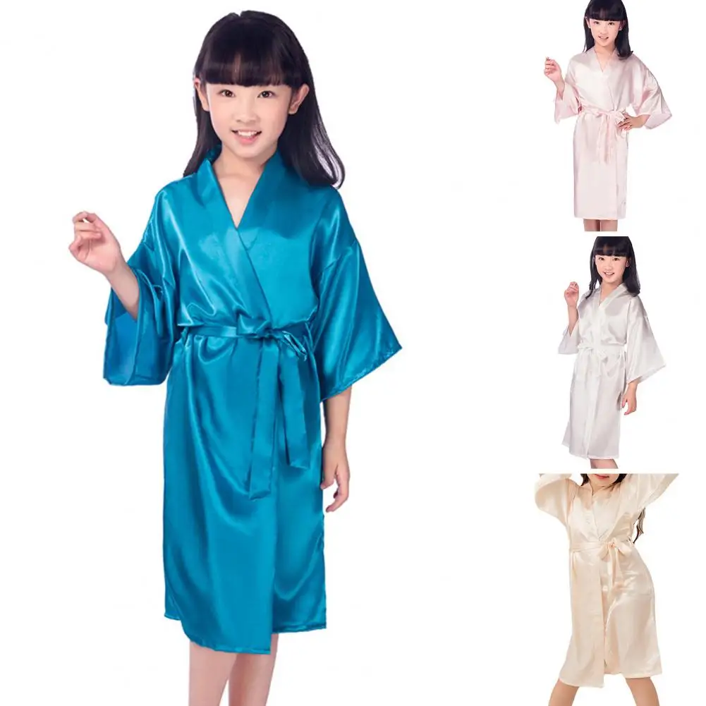 

Children Nightgown Ice Silk V Neck Soft Silky Nightdress Three Quarter Sleeves Girls Nightdress Spring Robe Kids Pajamas