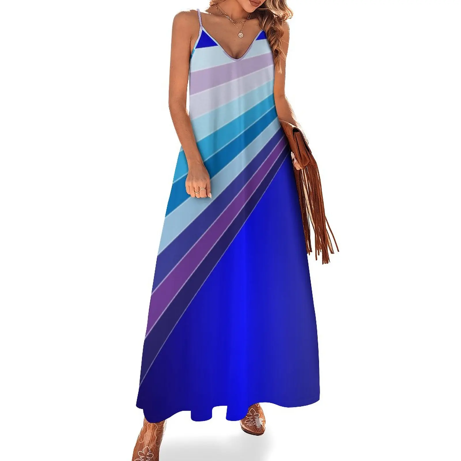 

65 MCMLXV Retro 70s Disco Blue Streaks of Light Pattern Sleeveless Dress evening dress woman