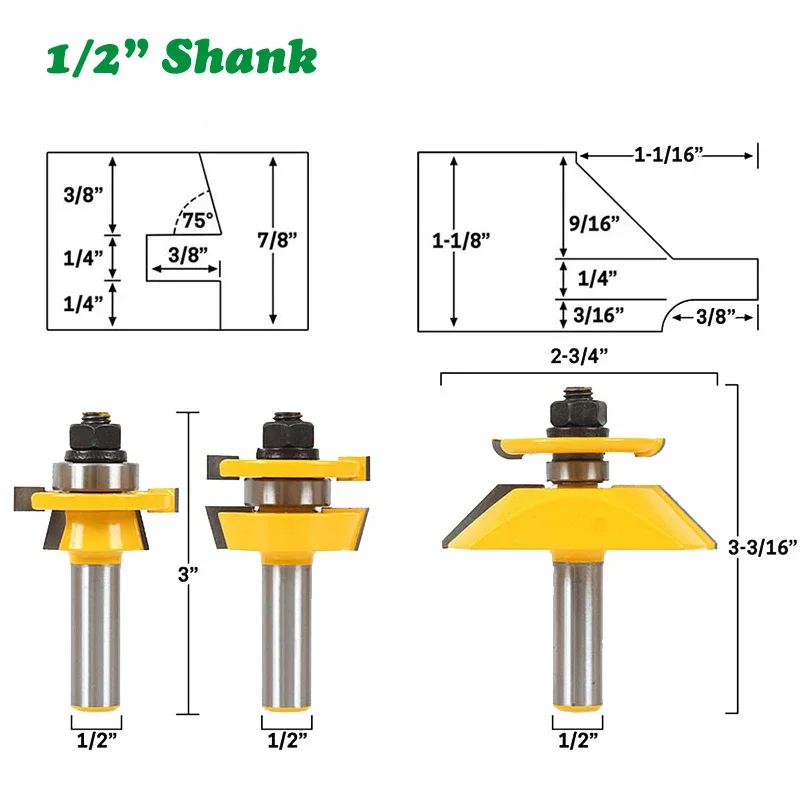 

Набор фрез для резьбы по дереву, хвостовик 1/2 дюйма, 12,7 мм, 3 шт./комплект