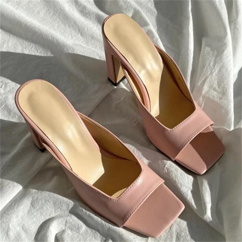 

Peep Toes Women's Shoes Square Toes Churry High Heels Shallow Sandals Slippers Chancletas Elegant Sandalias Zapatos De Mujer