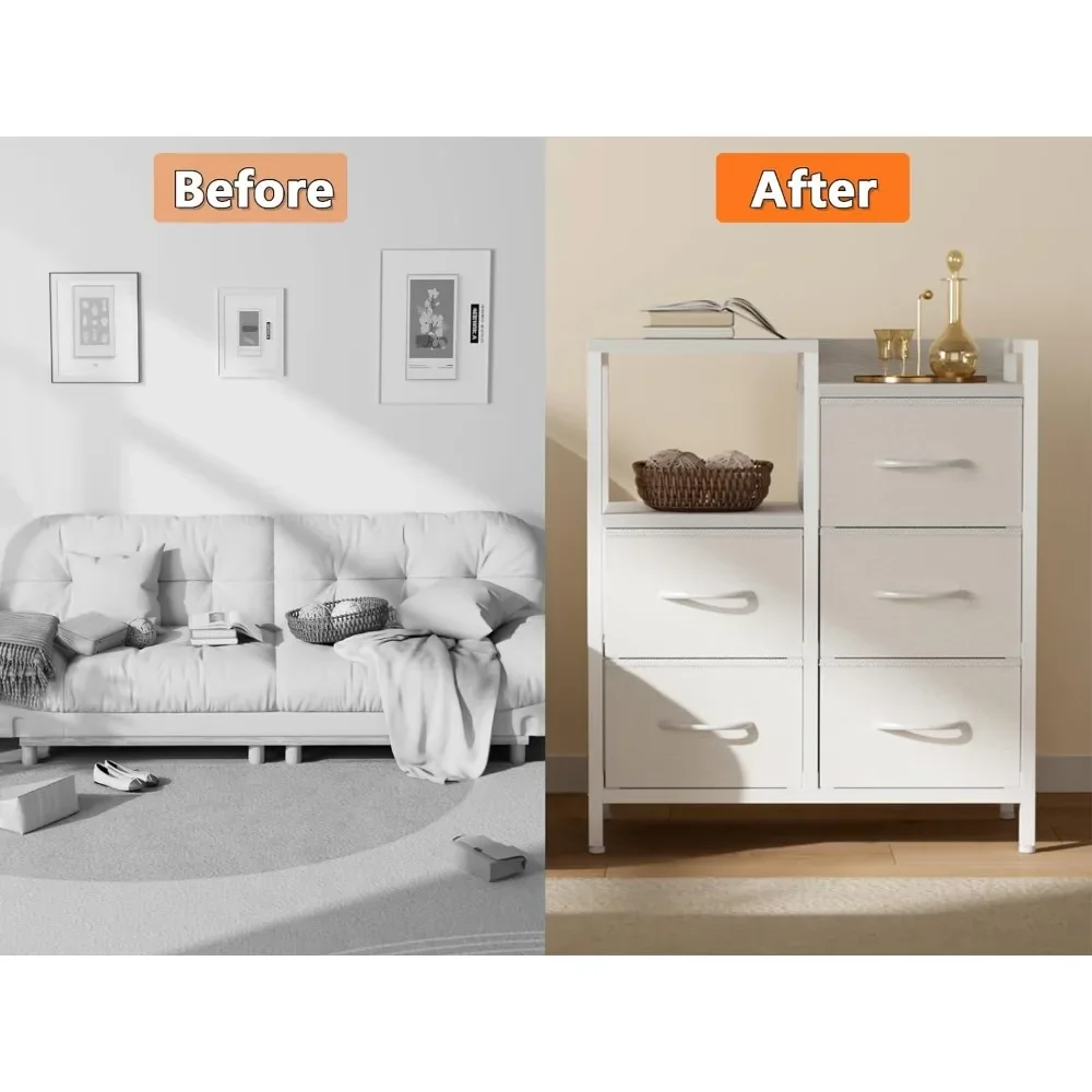 Dresser for Bedroom, Small Nightstand with 2-Tier Open Shelf and 5 Fabric Drawers, Storage Unit Organizer Tower 4