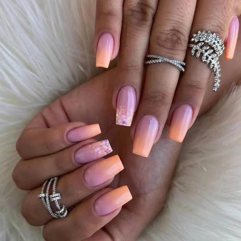 24pcs Simple Gradient Fake Nails Square Head French Glitter Rhinestones False Nail Waterproof Press on Nails Faux Fingernails