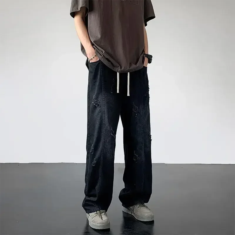 Pantalones vaqueros para hombre, rotos, rectos, con agujeros, pantalones vaqueros para hombre, ropa de calle, rotos, diseñador, moda 2024, estilo coreano, Xs