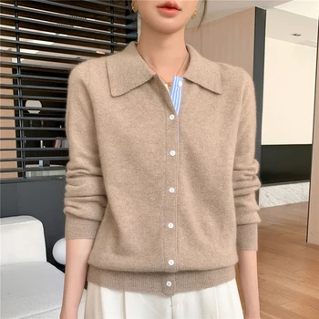 Camicia con colletto polo da donna Cardigan Maglione di lana merino Manica lunga Color Bar Abbigliamento Primavera Autunno Maglieria calda Top femminile