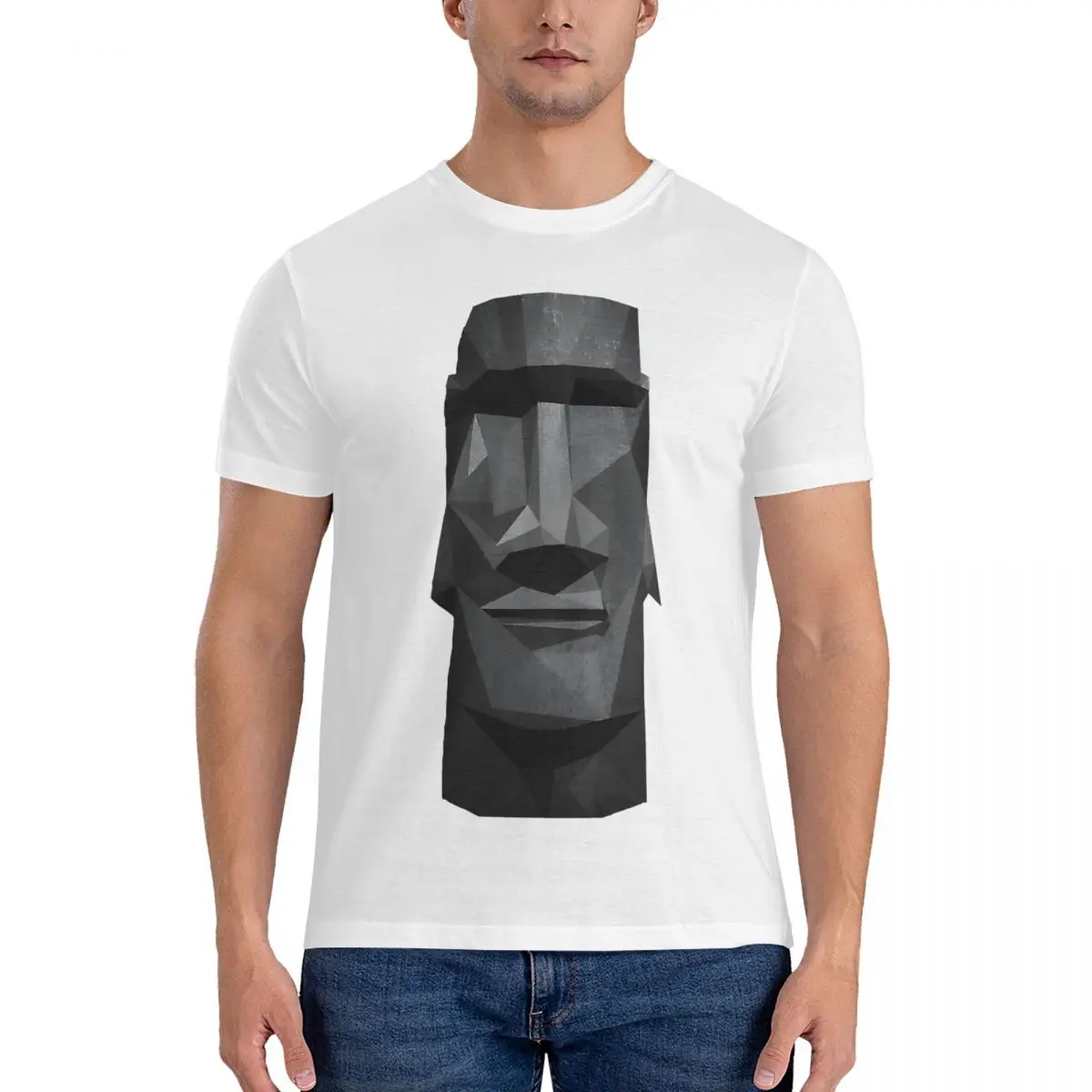 Unique Moai Head In Low Poly Stone T-Shirt Uomo O Neck Cotton T Shirt Easter Stone Statue T-Shirt Manica Corta Abbigliamento Estivo