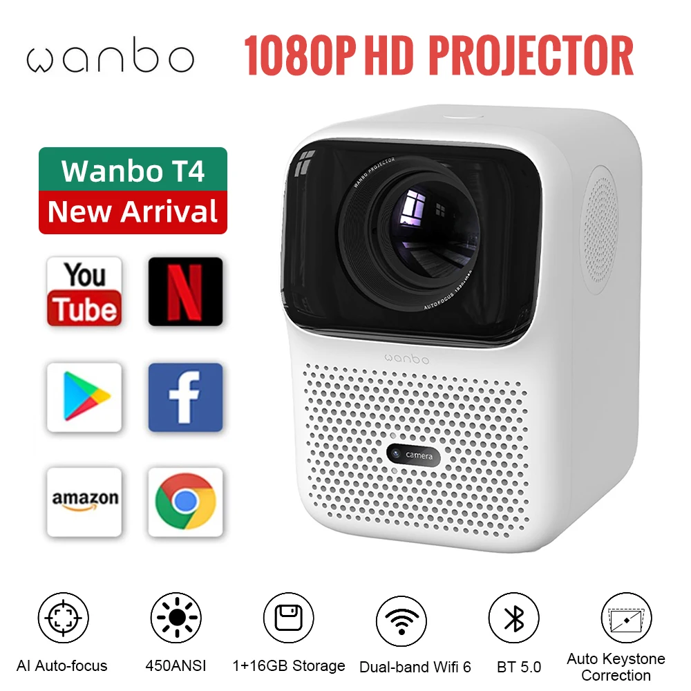 Wanbo-proyector portátil T4 4K, Full HD, 1080P, Android 9,0, Wifi, enfoque  automático, 16GB, 450Ansi, para cine en casa - AliExpress