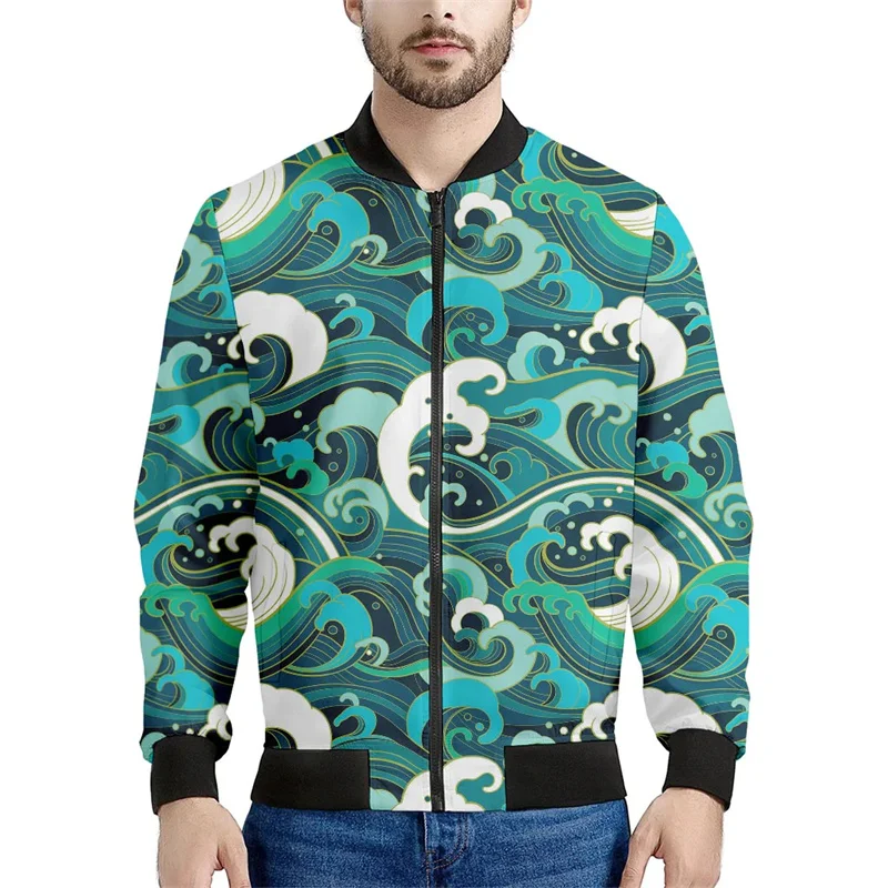 Chaquetas con estampado 3D de olas del océano vintage, ropa para hombre, sudadera holgada de primavera, chaqueta bomber informal con cremallera, ropa de calle, abrigo