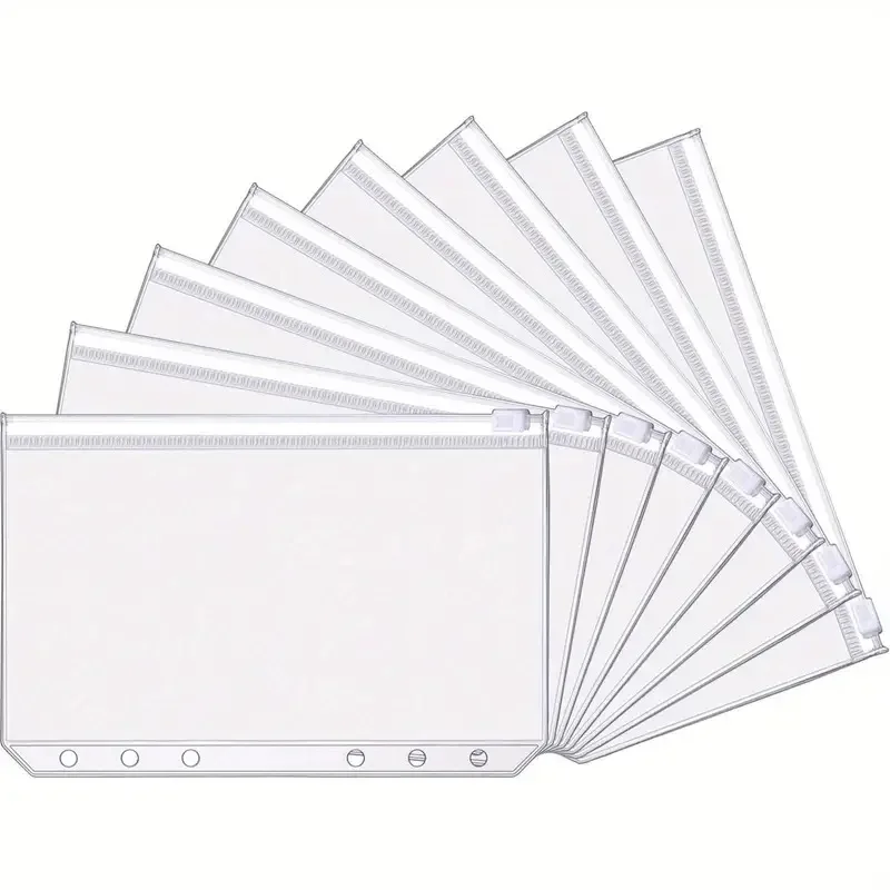 6 Holes A6 Binder Pockets Clear Zipper Folders for 6 Ring Loose Leaf Notebook Waterproof PVC Organizer 10PCS