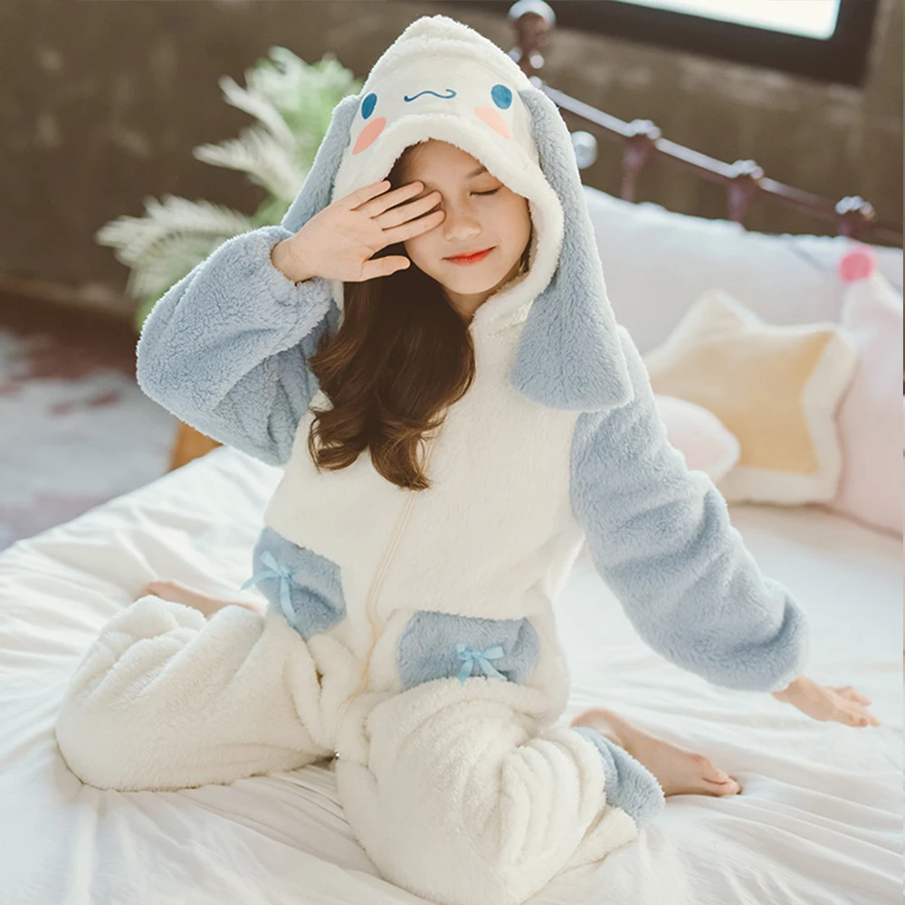 Sanrioed Anime Cinnamoroll Girls One-Piece Pajamas Kids Rompers Warm Jumpsuit Clothes Thickened Plush Pajamas Winter Homewear