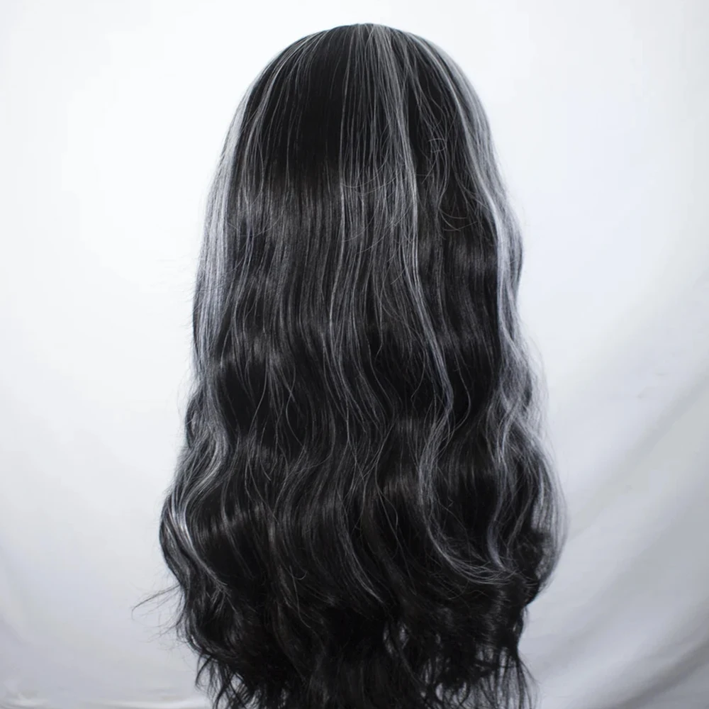 Pelucas de encaje sintético con reflejos blancos para mujer, onda corporal, sin pegamento, peluca negra, rayita Natural, encaje frontal, parte libre, pelucas de Cosplay