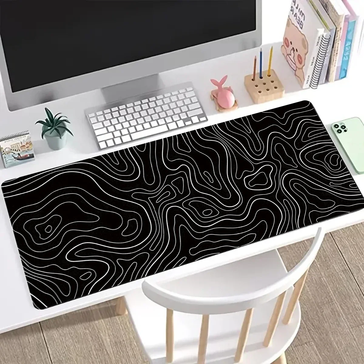 Gaming Mouse Pad Large Keyboard Pad 31.5 x 11.8in Topographic Mouse Pad Black and White Mouse Pad for Keyboard with Anti-Sl