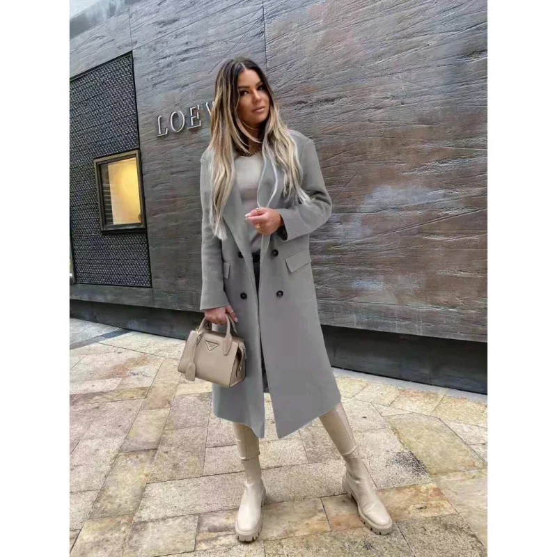 Autumn Women's Long Woolen Coat Retro Fashion Women's  Long Sleeve  Blue Casual Winter Street Wear Loose Coat