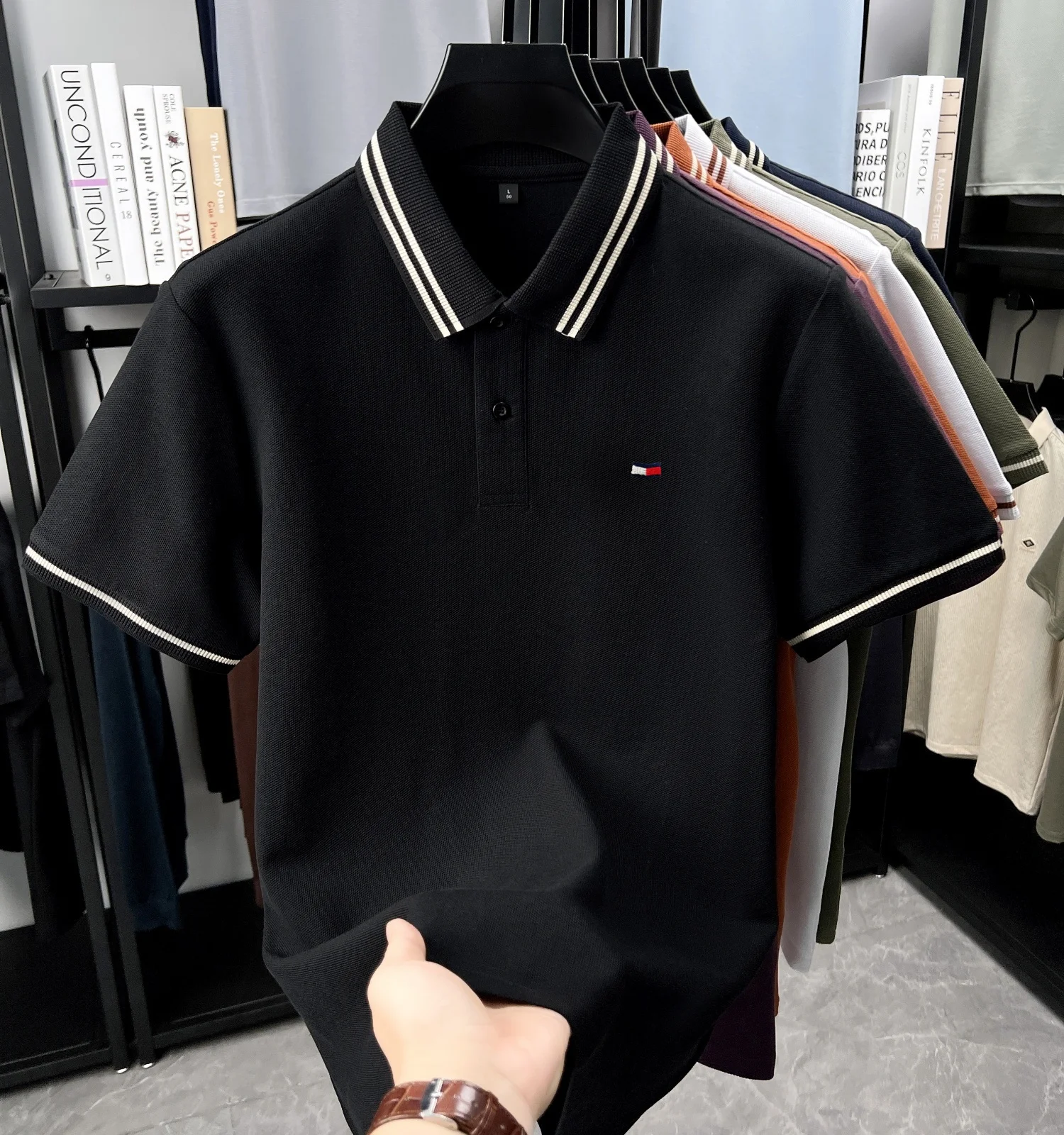 100% pure cotton summer men's original custom embroidered short sleeve fashion striped collar polo shirt breathable T-shirt top 16 S87249d8cea7e4b2c89baf652c7990bfak