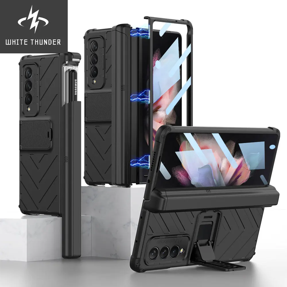 

Magnetic Hinge Slide Pen Slot Case For Samsung Galaxy Z Fold 3 5G Stand Case With Glass Film Armor Bracket Cover For Fold3 Case