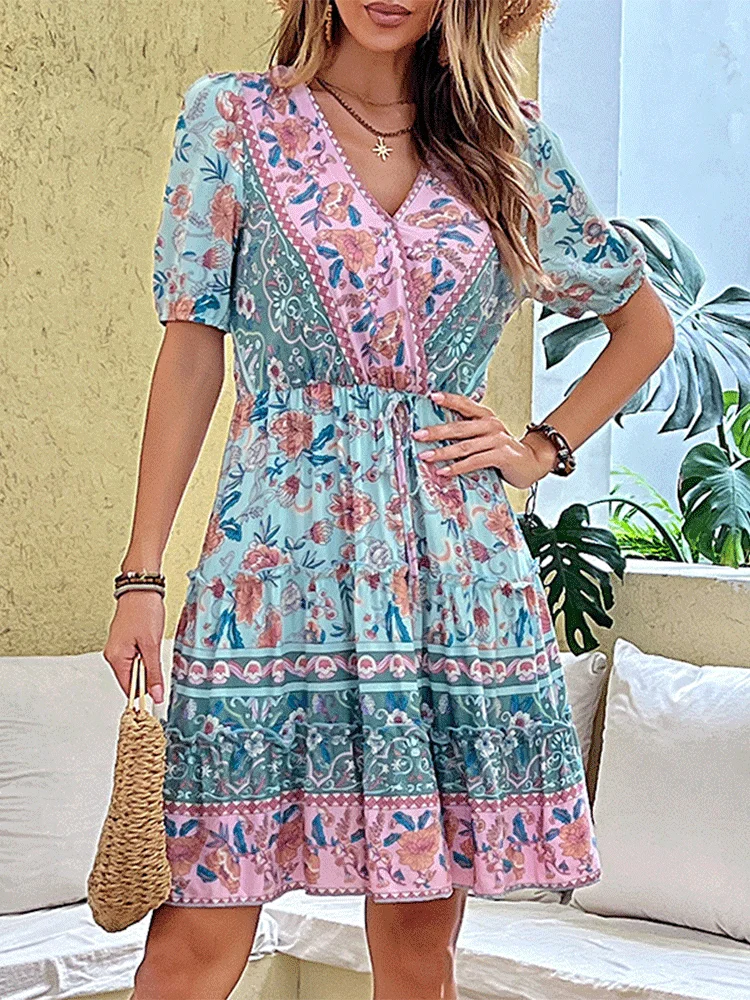 

2022 New Summer Elegant Boho Dress for Ladies Women Floral Print Ethnic Short Sleeve V Neck Mini Dresses Beach Wear Outfits Robe