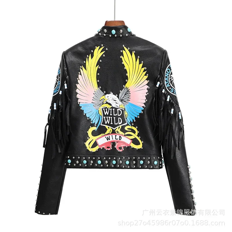 Streetwear Fringed Leather Jacket Women 2024 Trend Rivets Punk Style Graffiti Print Black Cropped Faux Leather Motorcycle Jacket