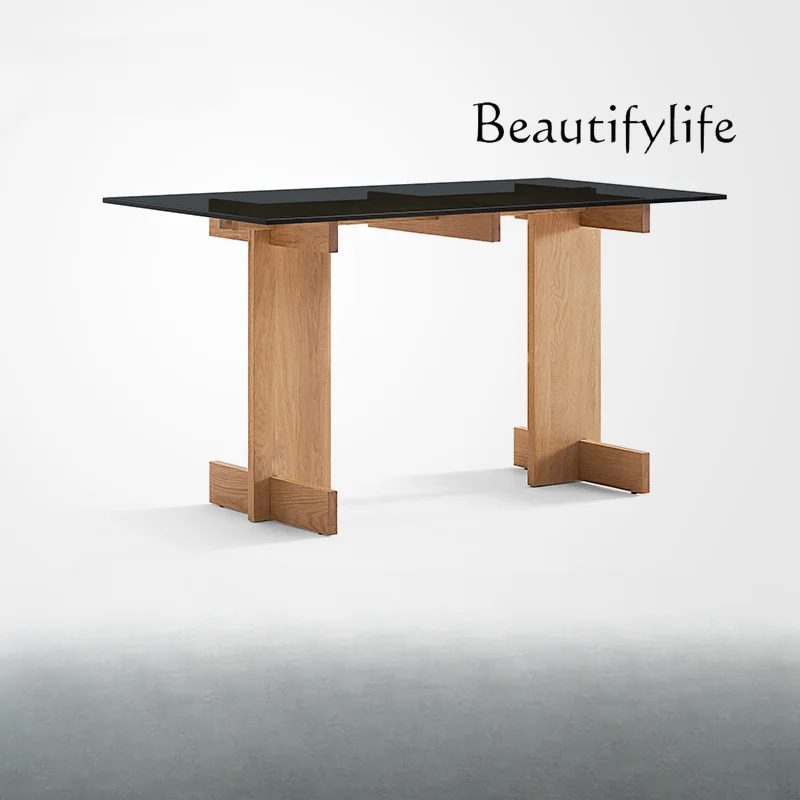 

Office Desk Household Glass Solid Wood Desk Chair Log Wind Modern Simple Computer Desk