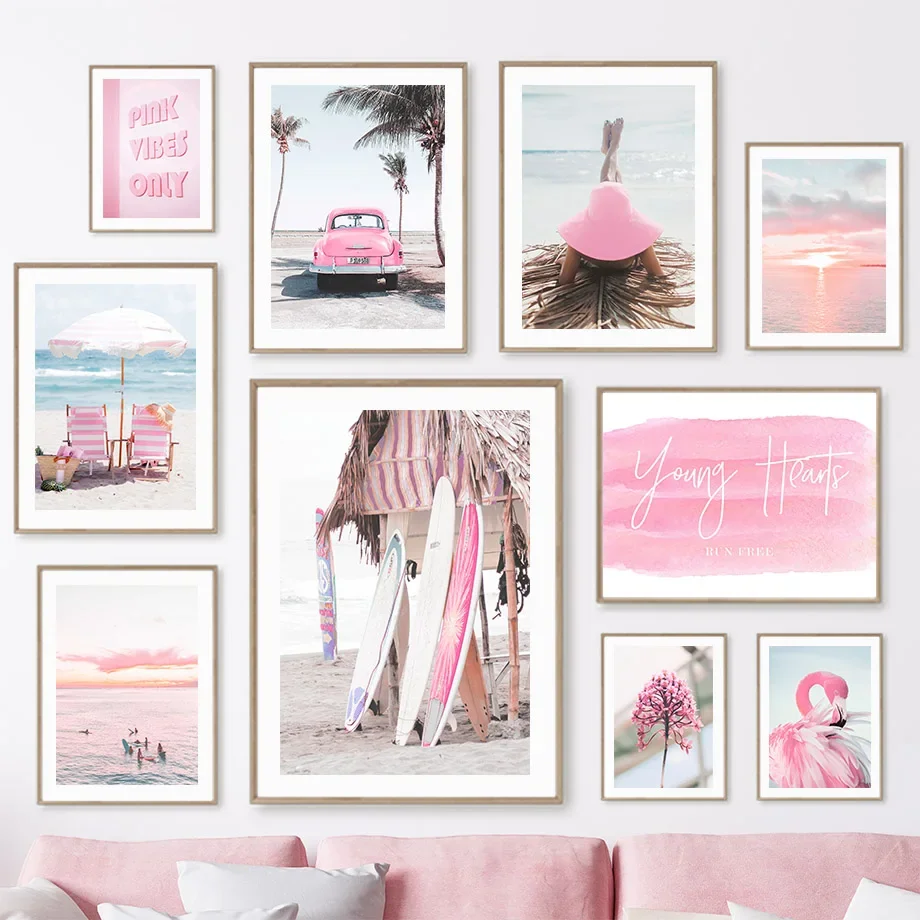 

Beach Hut Surfboard Girl Car Flamingo Ocean Wall Art Canvas Painting Posters And Prints Wall Pictures For Living Room Home Decor