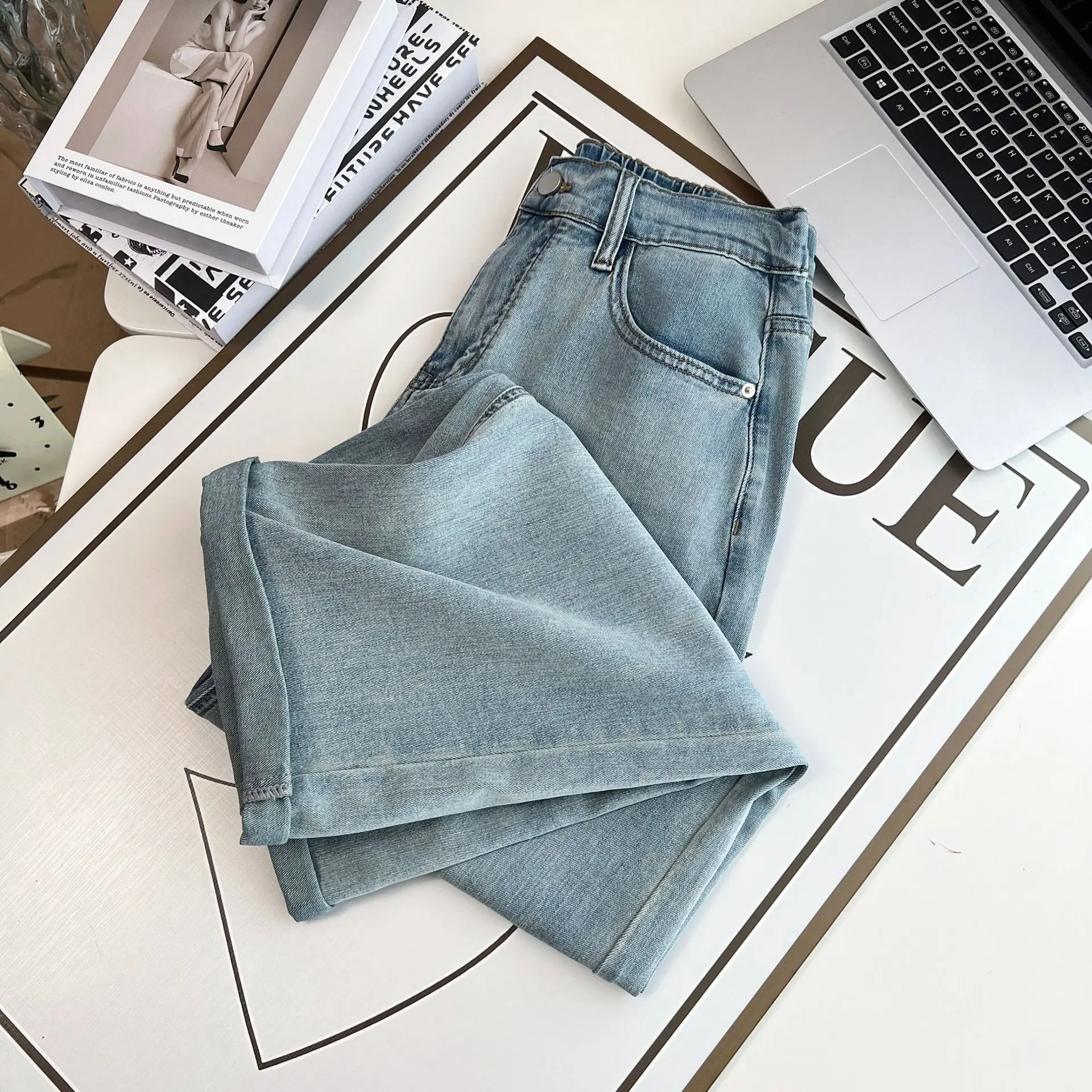 100KG 2025 Plus Size Straight Jeans Women's Wear Premium Boyfriend Style Casual Thin Denim Wide Leg Pants 5328