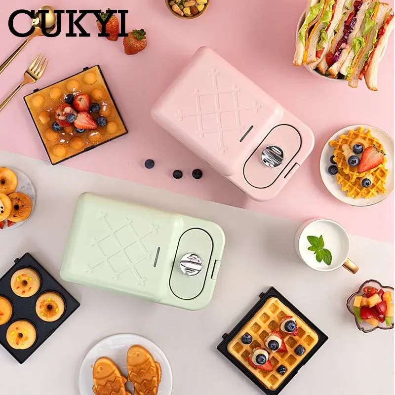 Multifunctional Sandwich Breakfast Machine with Timer Double side Fast Heating Waffle Eggettes Donut Maker Washable Baking Tray 4