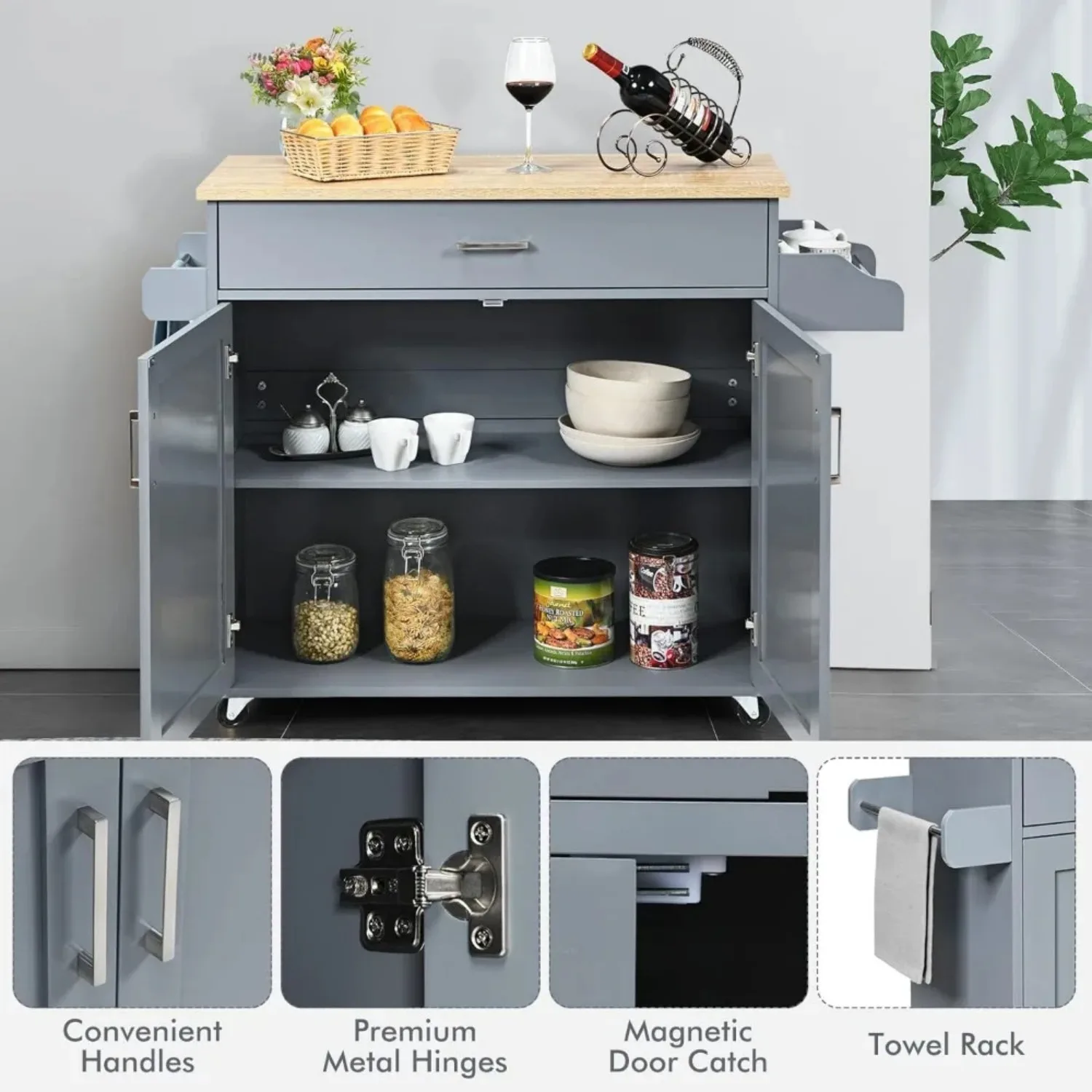 Kitchen Island Cart, Rolling Storage Trolley Cart with Lockable Rubber Wheels, Large Cabinet, Drawer, Spice Rack and Towel Rack